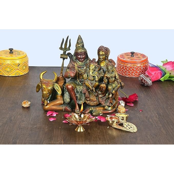 Brass Shiva family idol seated on Nandi, trident and figures, home decor statue