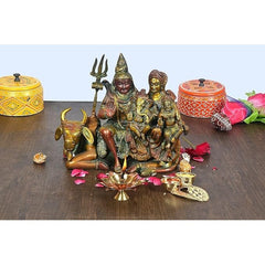 Brass Shiva family idol seated on Nandi, trident and figures, home decor statue