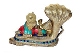 Brass Vishnu-Lakshmi idol rear view on Shesh nag, turquoise blue border and red
