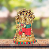 Brass Vishnu with Maa Lakshmi seated on Sheshnag figurine, red and green accents, 8 inch