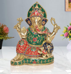 Seated Lord Ganesha idol in brass, jeweled green-red robe, four arms raised