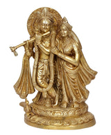 Brass Radha Krishna figurine with flute, Radha beside Krishna on round pedestal
