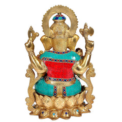 Rückseitenansicht Messing-Ganesha-Idol mit Verzierungen, türkis-rotem Gewand und Krone