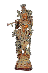 AONA brass Krishna figurine, front view, detailed jewelry and flute, full height