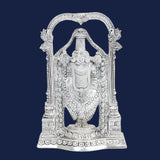 Silver Tirupati Balaji idol facing forward, ornate halo arch and beaded detailing, 8 inch