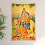Framed Radha-Krishna with cow wall poster, gold foil plated detailing