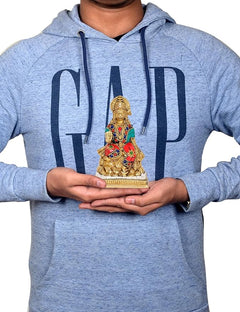 Brass Lord Hanuman 6 in statue held in hands, colorful jeweled body and gold pedestal