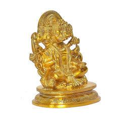Golden brass Panchmukhi Hanuman idol figurine, side angle with sculpted pedestal base details
