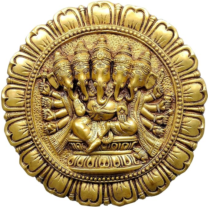 Brass Panch Mukhi Ganesha Wall Hanging Plate Height 11 Inch