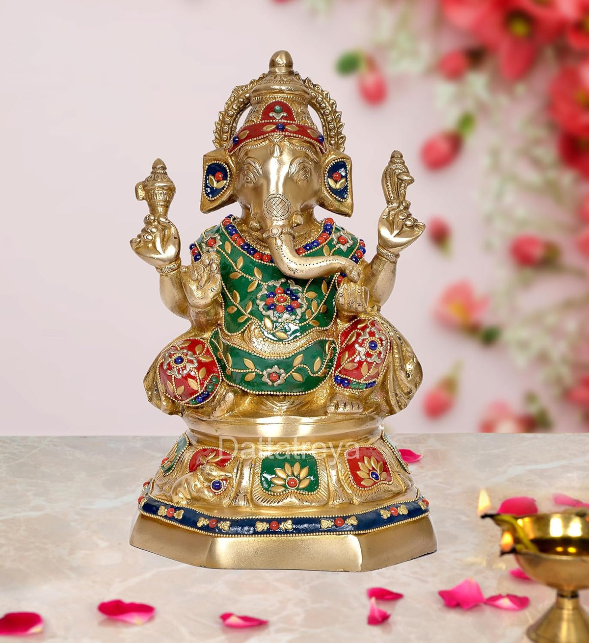 Brass Lord Ganesha idol, four arms, colorful enamel dress and jeweled crown