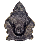 Dark brass Maa Durga idol back view with crown spire and textured base