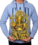 AONA Ganesha idol print on light blue hoodie, model holding the shirt