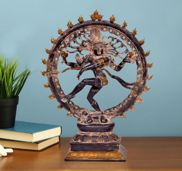 Brass Natraj Lord Shiva Dancing Natraj Brass with 23 Agni Chakra Idol Statues for Home Decor and Ofice Multicolor (Height: 13 inch) (Multicolor Natraj)