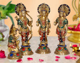 Brass Ram Darbar statue idol, three figures with green, red and blue enamel