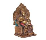 Kuvera deity statue idol angled view, antique bronze finish, seated on ornate pedestal
