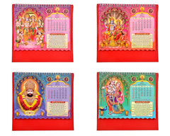 Multiple red desk calendar covers displayed together, featuring devotional figures and date grids