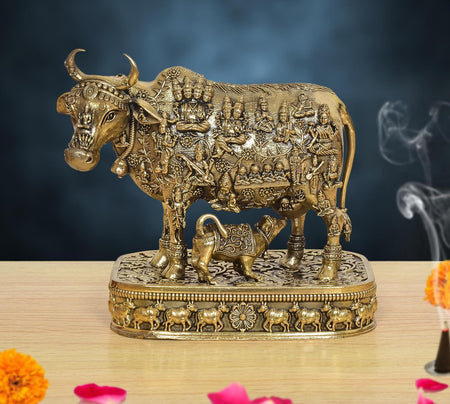 Superfine Brass Kamdhenu Cow with Calf God Figure Murti (Height: 4 Inch)