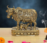 Kamdhenu cow murti with calf god figure on ornate base, 6 in tall