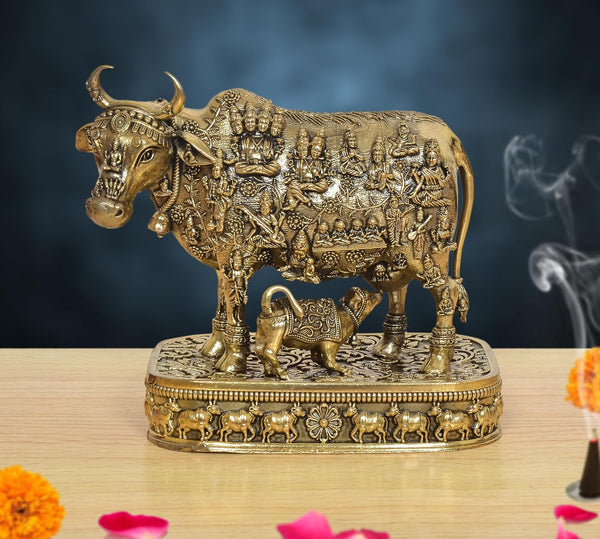 Superfine Brass Kamdhenu Cow with Calf God Figure Murti (Height: 6 Inch)