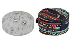 Happy steel drum with soccer pattern and a patterned travel bag