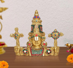 Brass Lord Tirupati idol wall hanging statue, gold face with multicolour jeweled crown