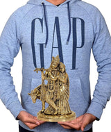 Brass Radha Krishna statue idol held in hands, featuring crowns and flute