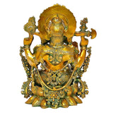 Brass Ganesha idol front view, crown halo and richly detailed torso ornaments