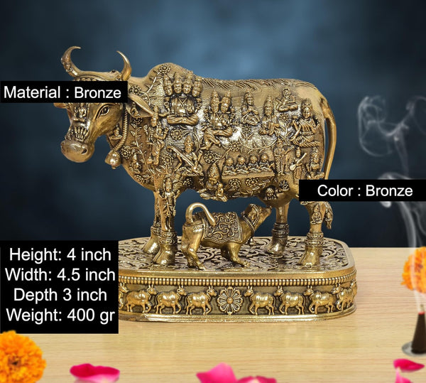 Superfine Brass Kamdhenu Cow with Calf God Figure Murti (Height: 4 Inch) Entryway Setting