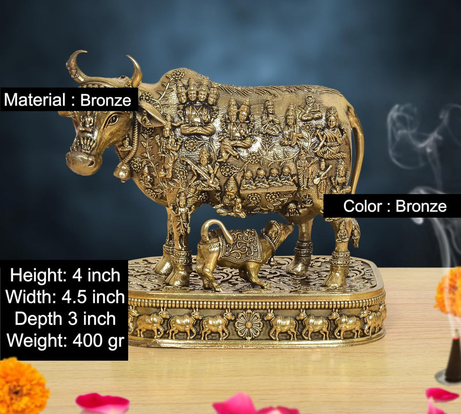 Superfine Brass Kamdhenu Cow with Calf God Figure Murti (Height: 4 Inch) Craft Detail