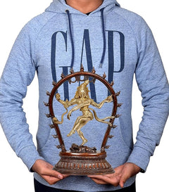 Blue hoodie with printed brass Dancing Natraj Lord Shiva idol emblem