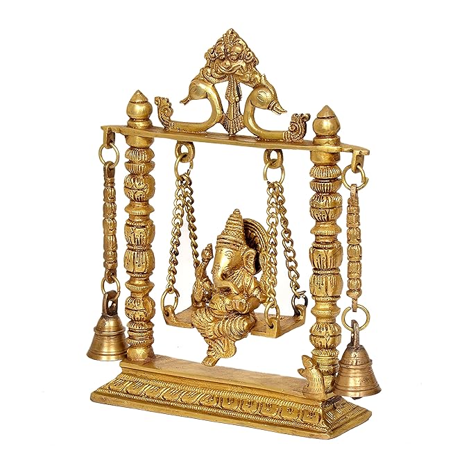 Ganesha Sitting on Swing Idol Ganesha Religious Multicolor Brass Statue (Height 8.5 Inch)