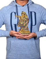Brass Radha Krishna idol statue held in hands, colorful gem-like inlays on base