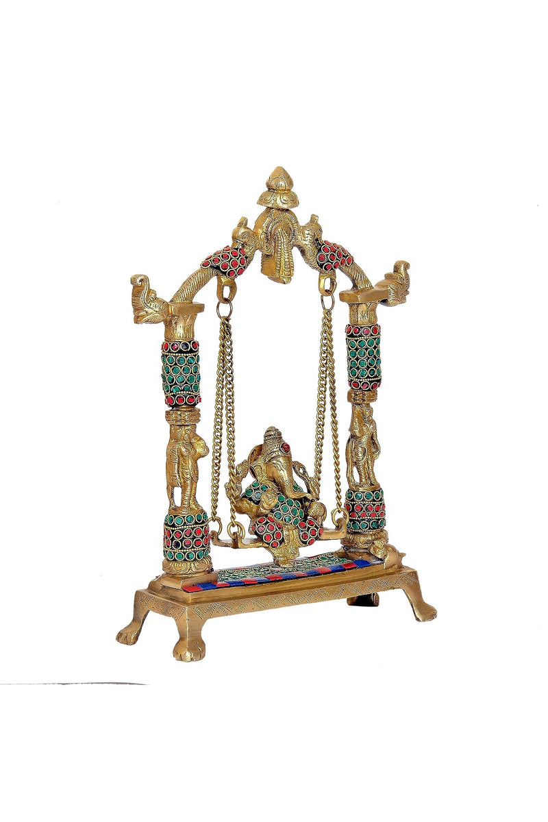 Brass Ganesha Swing Jhula Statue with Stone Work for Home Decor | Height : 12 Inches