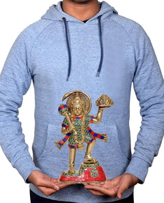 Brass Hanuman JI idol statue held in hands, red robe with teal gem accents