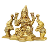 Brass Lakshmi statue with two elephant idols, four-armed pose on pedestal