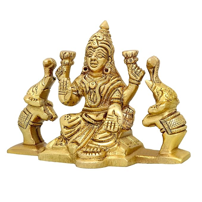 Brass Statue of Maa Lakshmi with 2 Elephant Idol Statue of Lakshmi Height 3.1 Inch