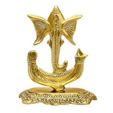 Gold metal Ganesha idol statue with ornate round base, 6.5 in height