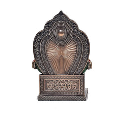 Bronze Kuber murti idol, back view with embossed halo and carved rectangular pedestal
