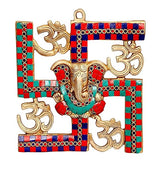 Medium wall hanging Ganpati on swastik sign with colorful patterned frame and gold details