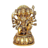 Brass Panchmukhi Hanuman idol, front angle, ornate crown and multiple arms with weapons