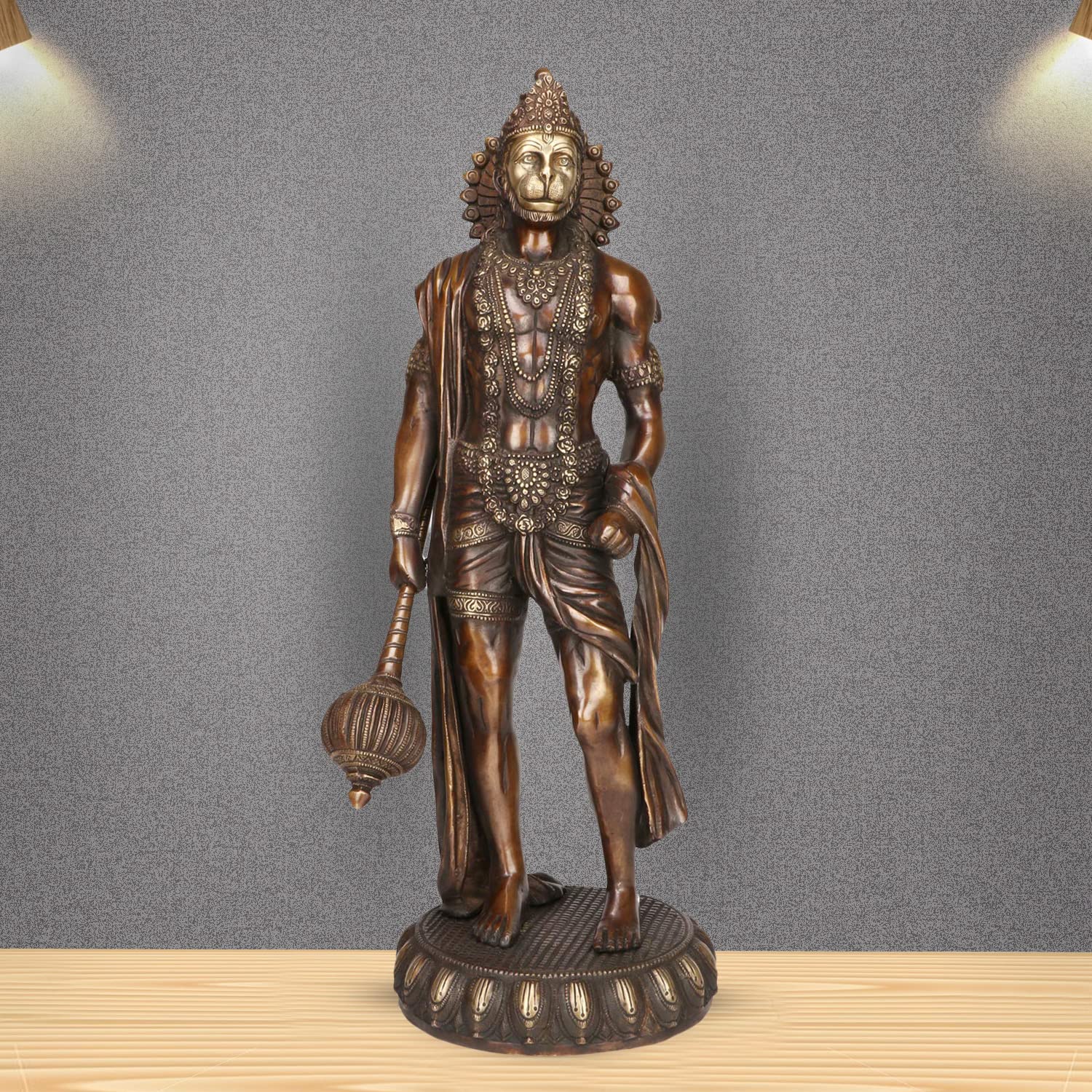 Bronze Hanuman idol figurine, front view, standing with tail and raised mace