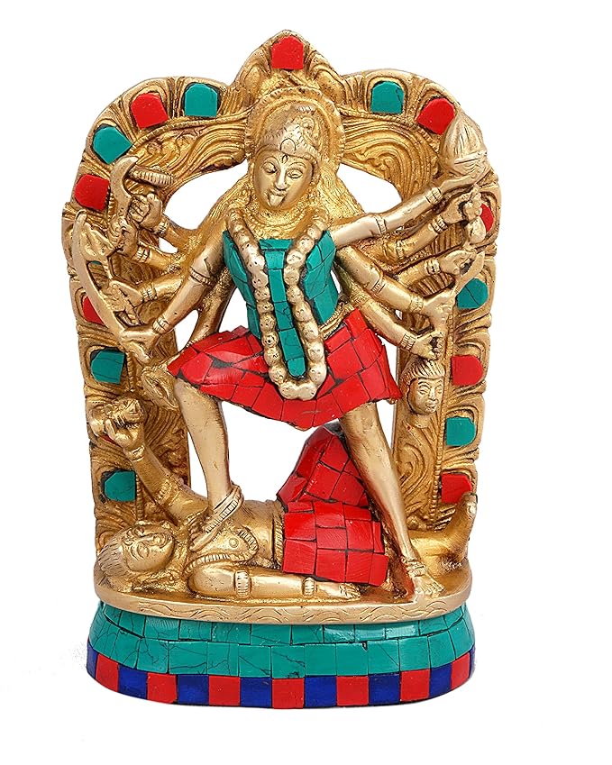 Goddess Maa Kali brass statue with blue-green and red mosaic detailing, front view