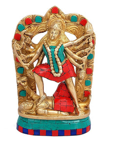 Goddess Maa Kali brass statue with blue-green and red mosaic detailing, front view
