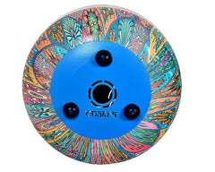 Blue underside base of happy drum with four black pads and center emblem