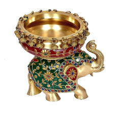 Messing-Elefant-Urli-Statue mit bauchiger Schale, farbige Stickmotive und goldener Ausarbeitung