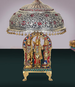 Brass deity Chattar top: finial loop with ribbed dome and red bead pattern
