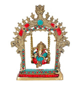 Brass Ganesha swing idol statue, seated Ganesha under beaded arch with chains