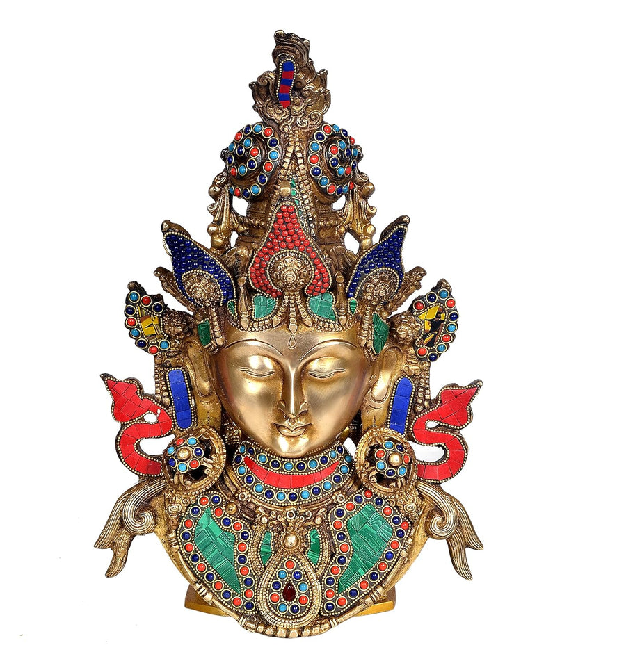 Brass Tara Devi Mask Wall Hanging Multicolour (Height 16 Inches) Craft Detail