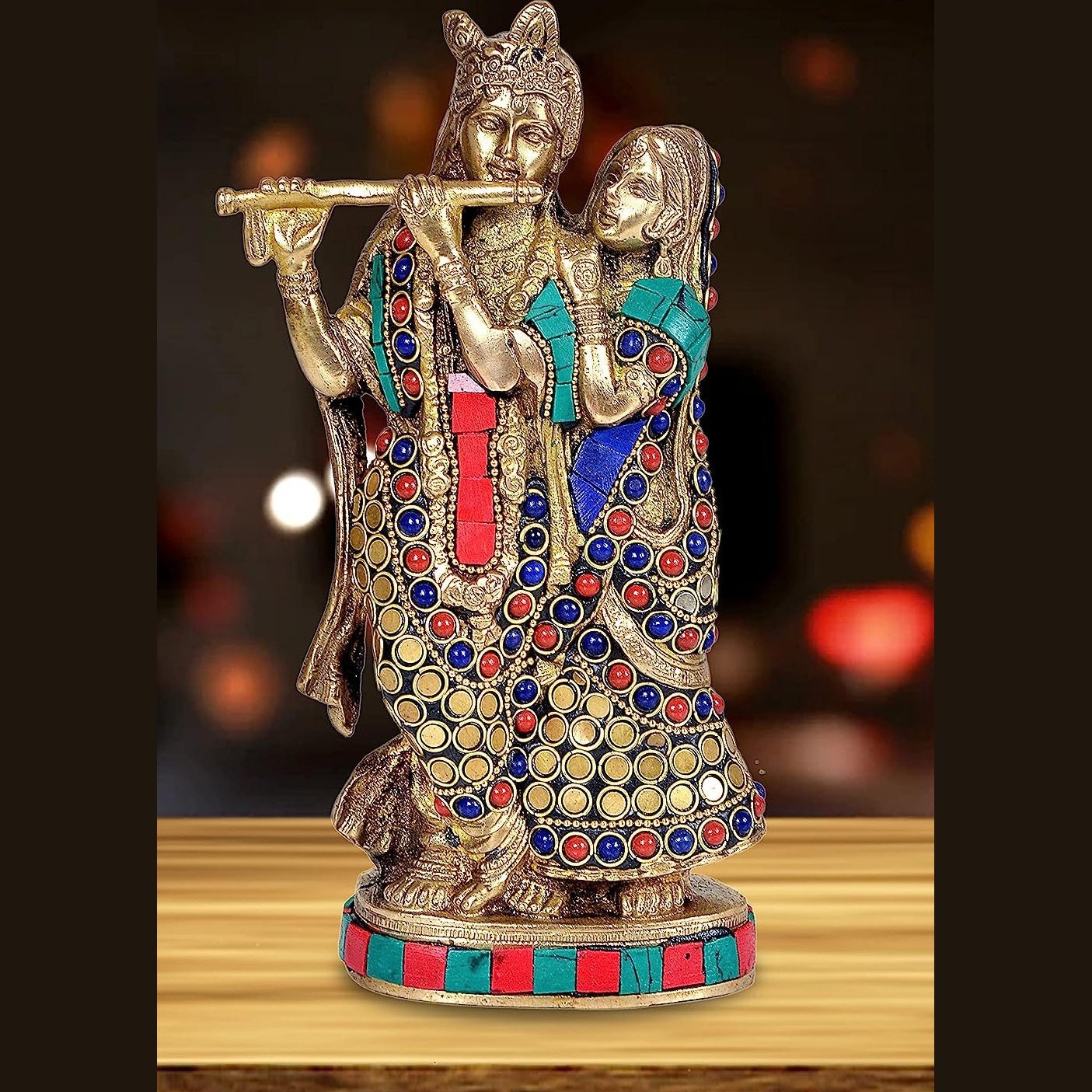 Brass Radha Krishna Idol with Stone Work (Height  8.5 Inches)