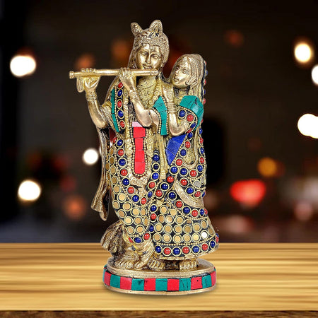 Brass Radha Krishna Idol with Stone Work (Height  8.5 Inches)